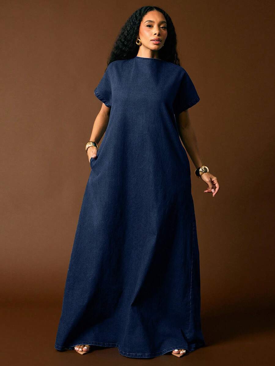 dark wash denim maxi shift dress