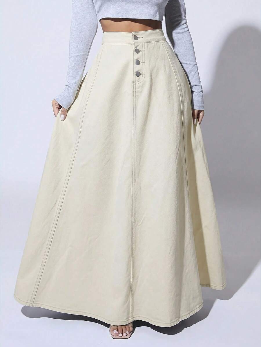 cream button front denim maxi skirt