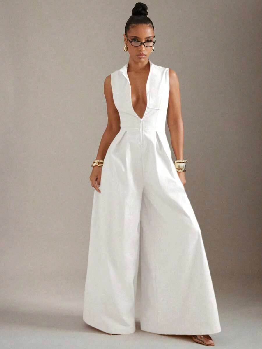 white sleeveless white zip front wide leg jumpsuit