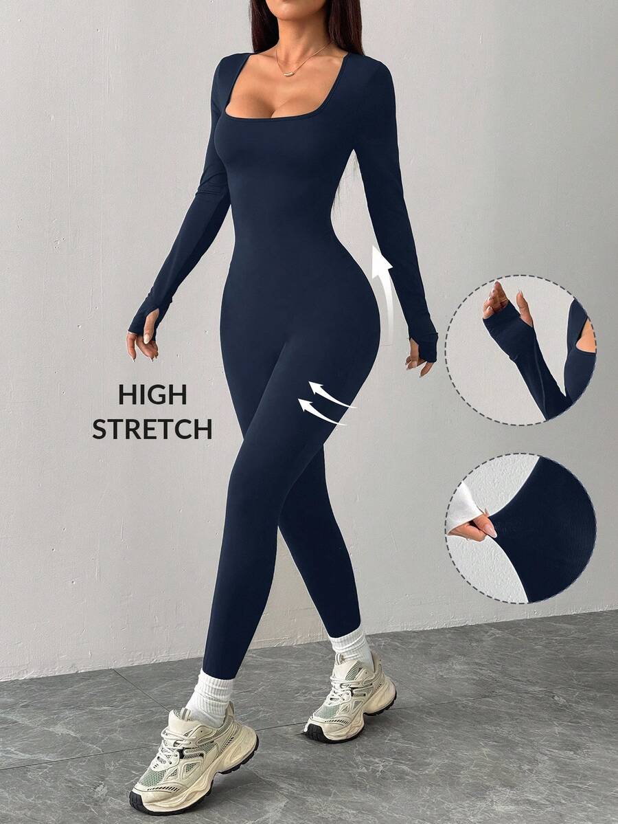 black knitted square neck tight yoga jumpsuit