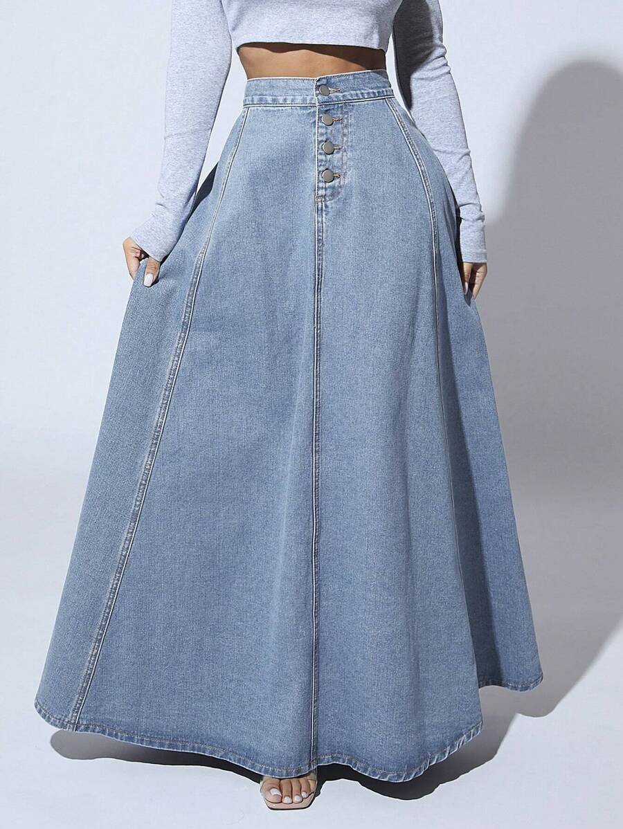 high-waisted button-front denim maxi skirt