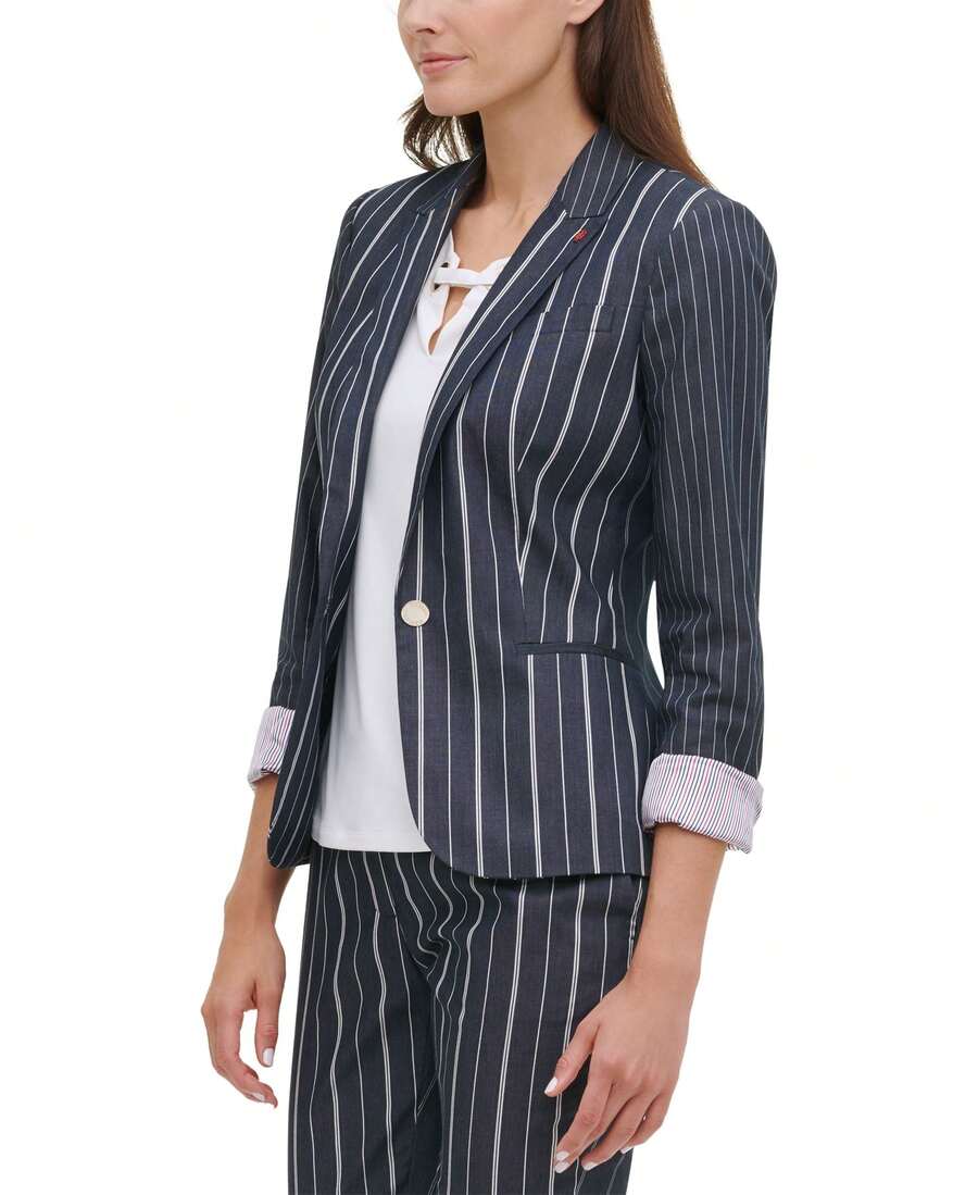 navy striped one button tailored blazer