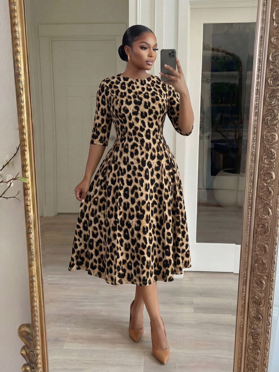 leopard print cinched waist midi dress
