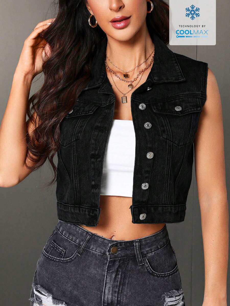 black denim sleeveless cropped vest