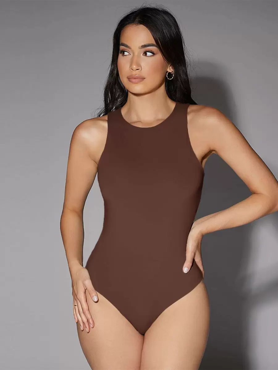 solid brown sleeveless racerback bodysuit