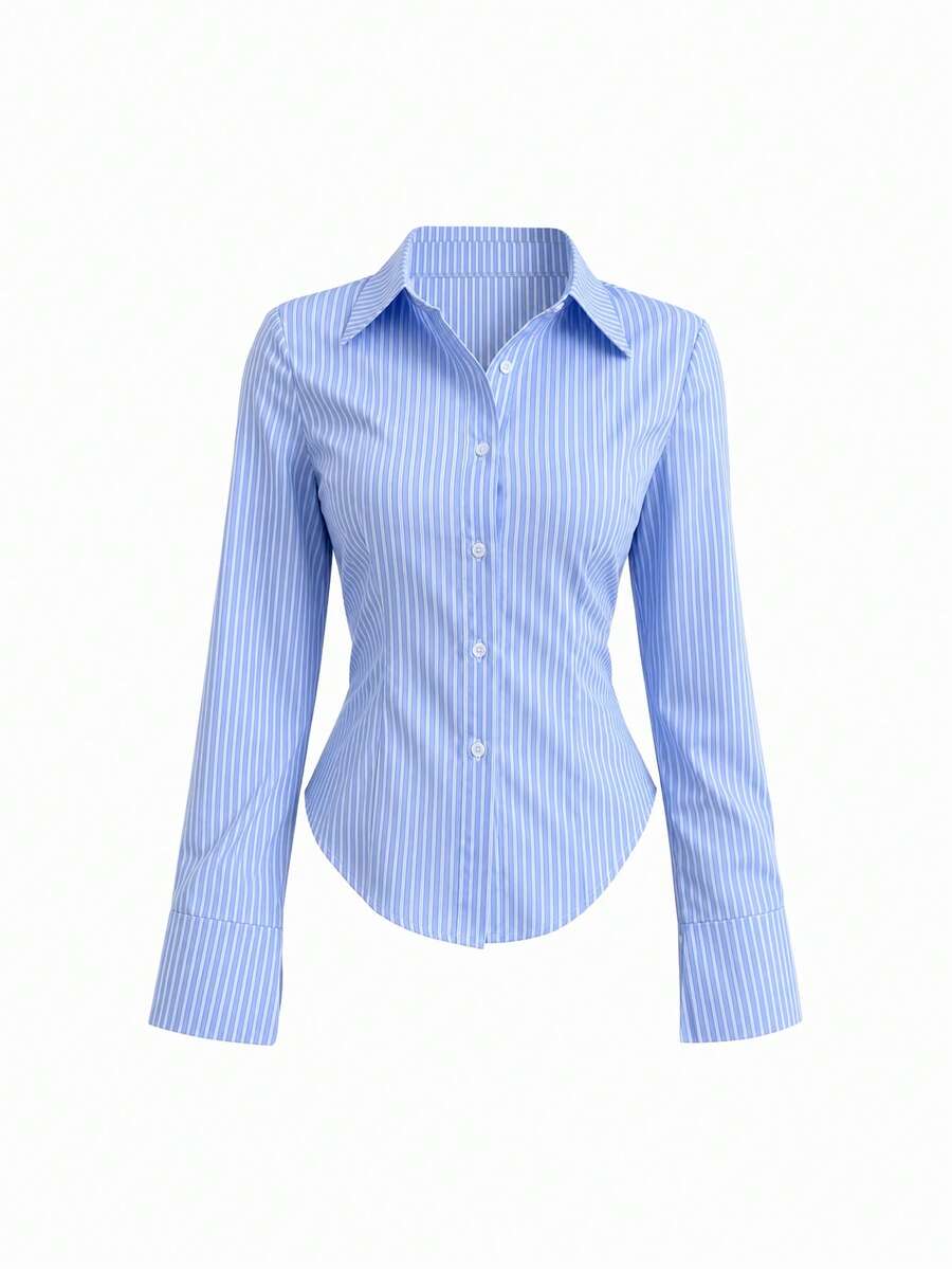blue and white striped waist-cinching long sleeve shirt