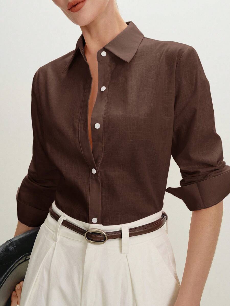 brown minimalist button-down linen shirt