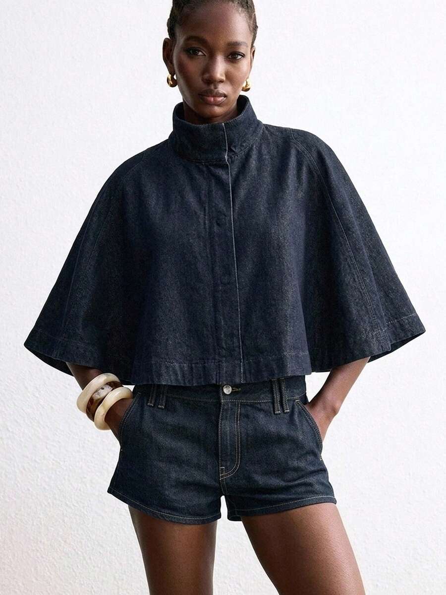 oversized navy blue denim poncho cape jacket