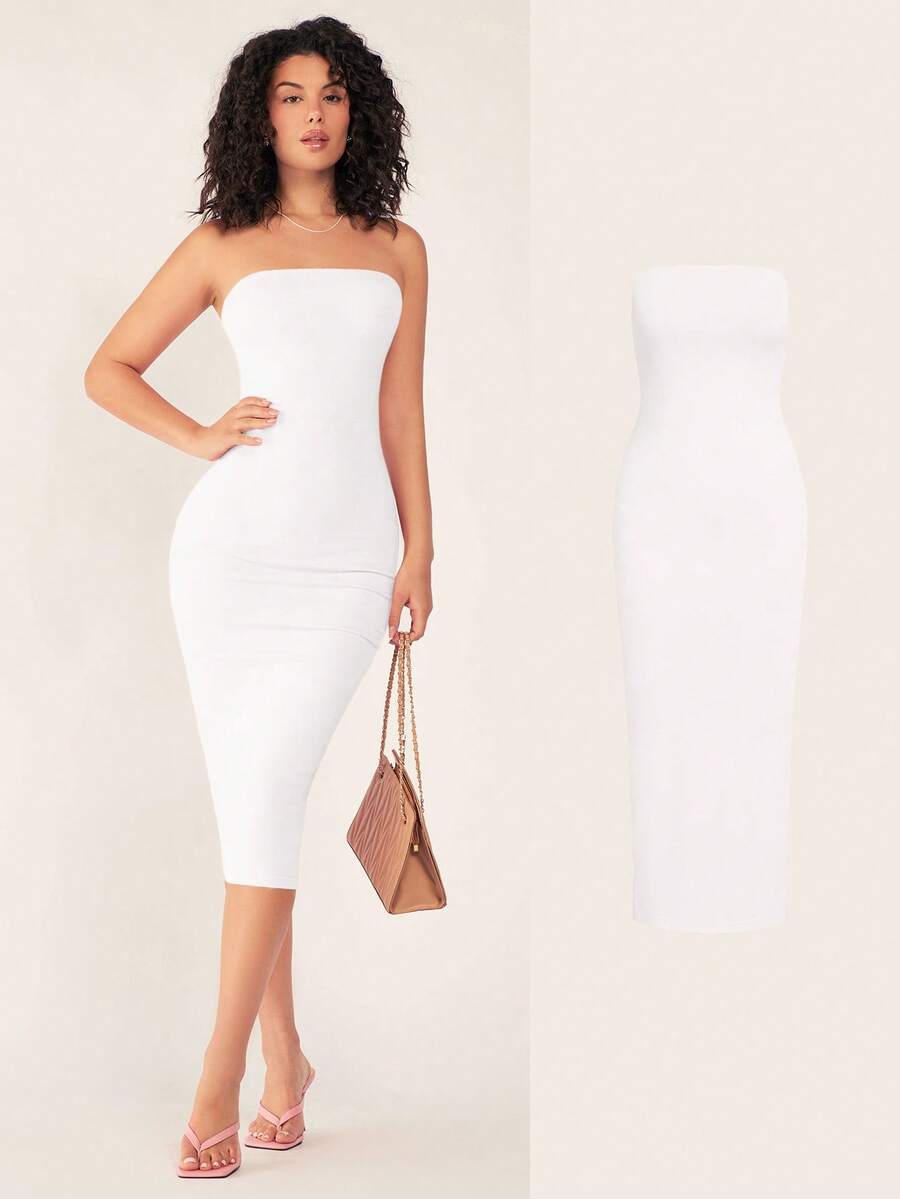 white strapless bodycon midi dress