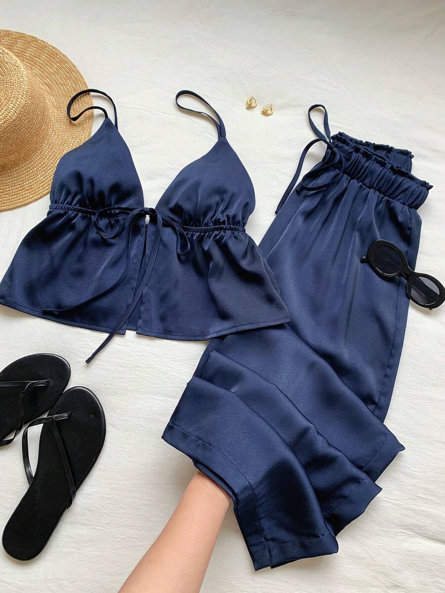 navy blue satin camisole and wide leg trousers set
