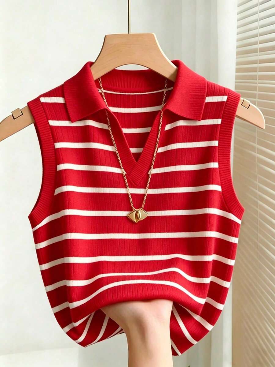 red and white striped knitted collared vest