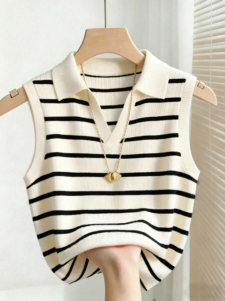 casual elegant knitted collared striped tank top