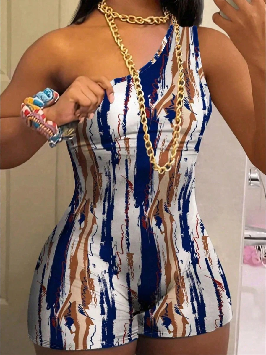 one-shoulder printed stretch playsuit