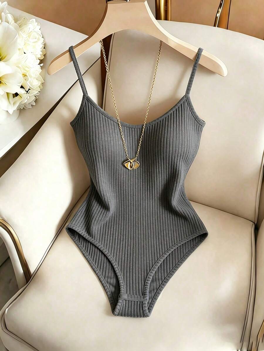 solid grey ribbed camisole bodysuit