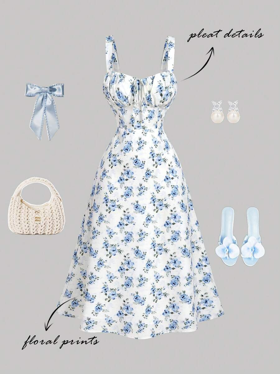 white and blue floral ruched bust midi dress