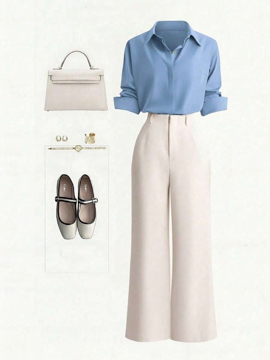 blue casual beige wide leg trousers