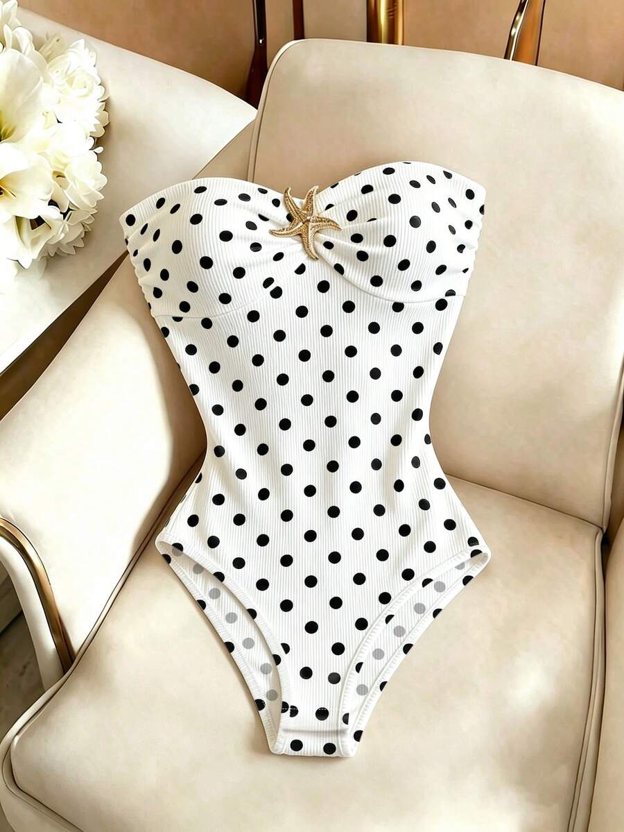 white polka dot bandeau bodysuit with metal buckle