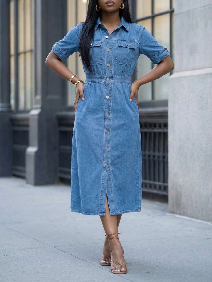 women's high waisted denim shirt midi dress
