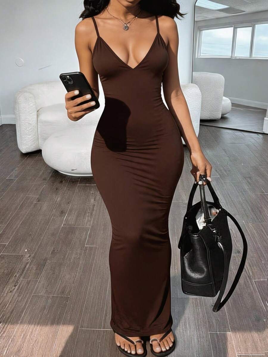 solid brown spaghetti strap maxi dress
