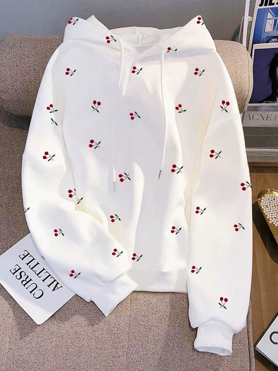 white cherry print hooded warm lined sweatshirt