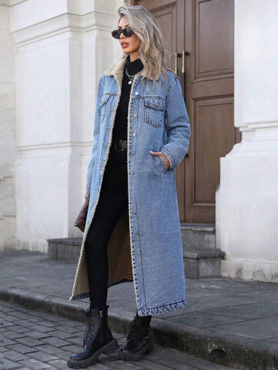 long denim coat with fleece lining