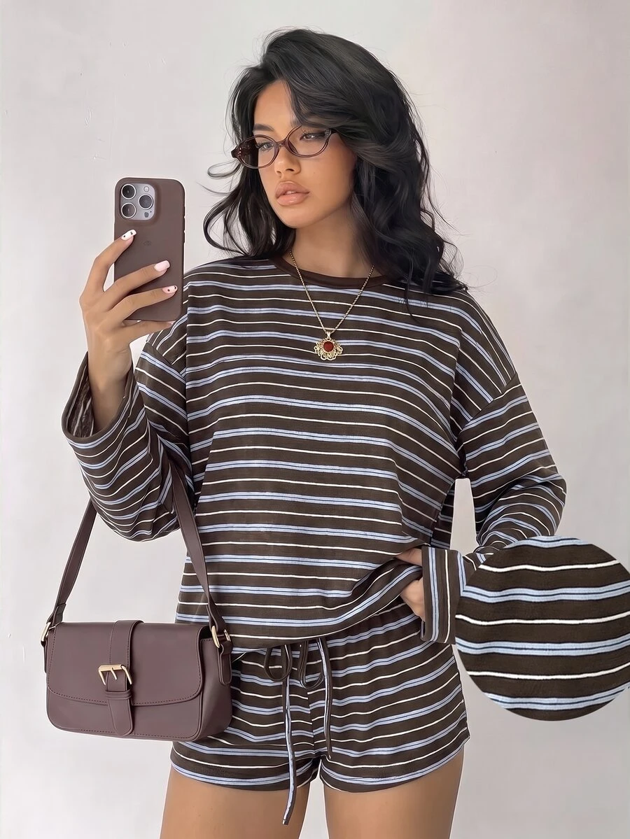 brown and blue striped long sleeve lounge set