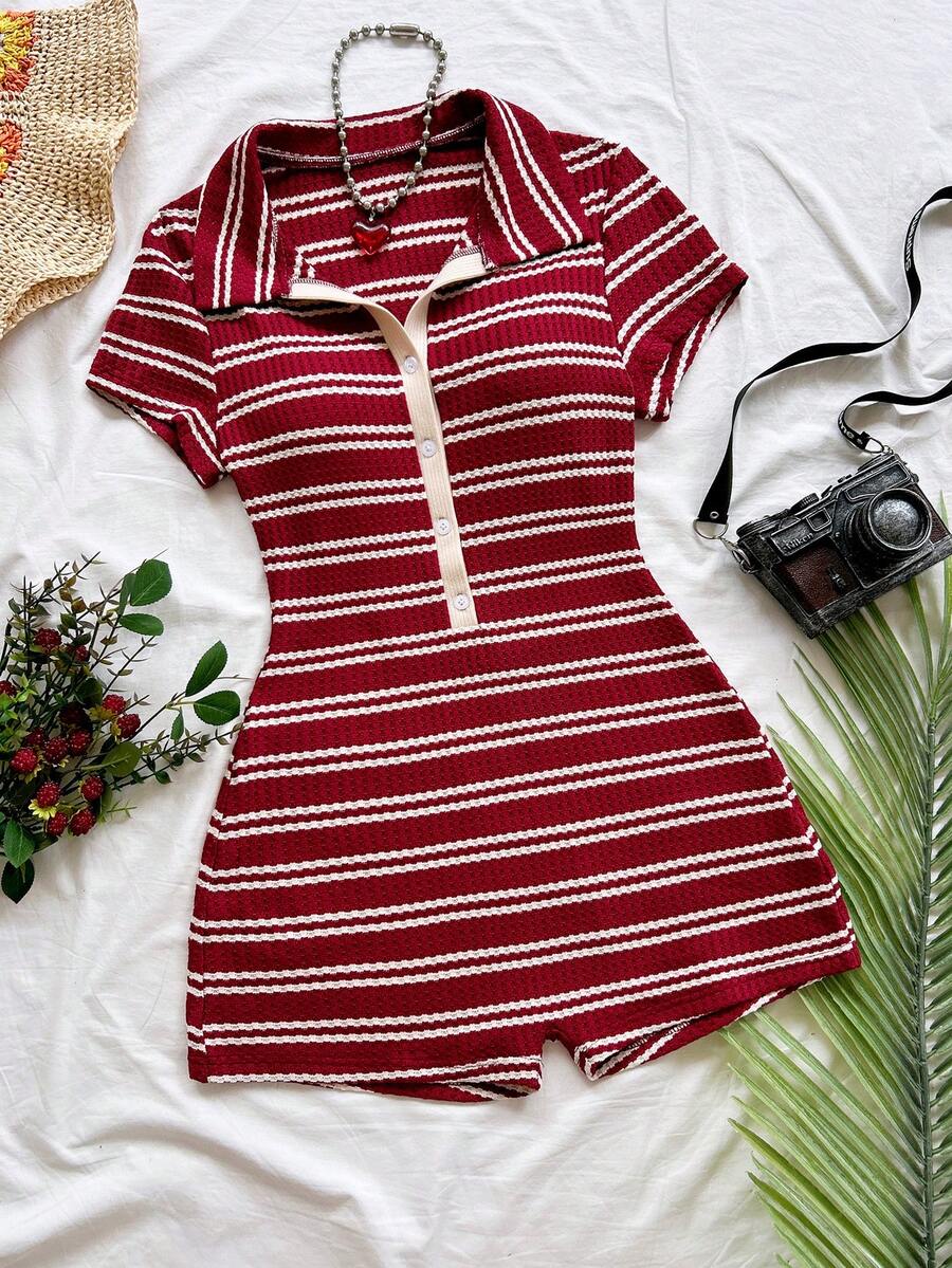 red and white striped ribbed polo collar romper