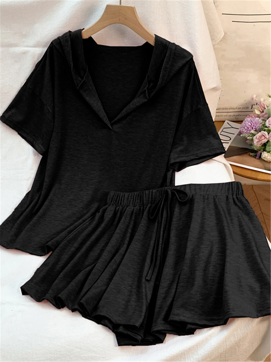 women's casual black hooded two piece set