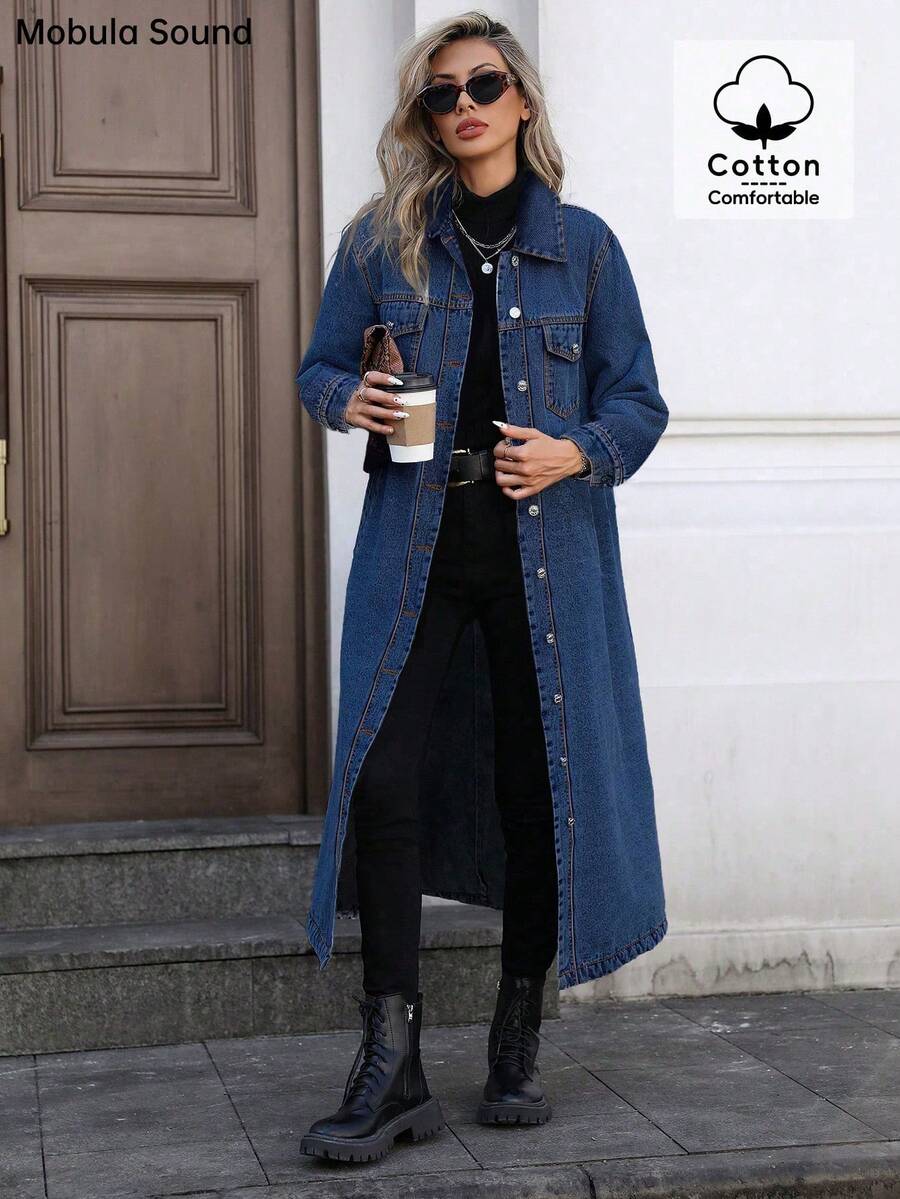 long denim trench coat with button front