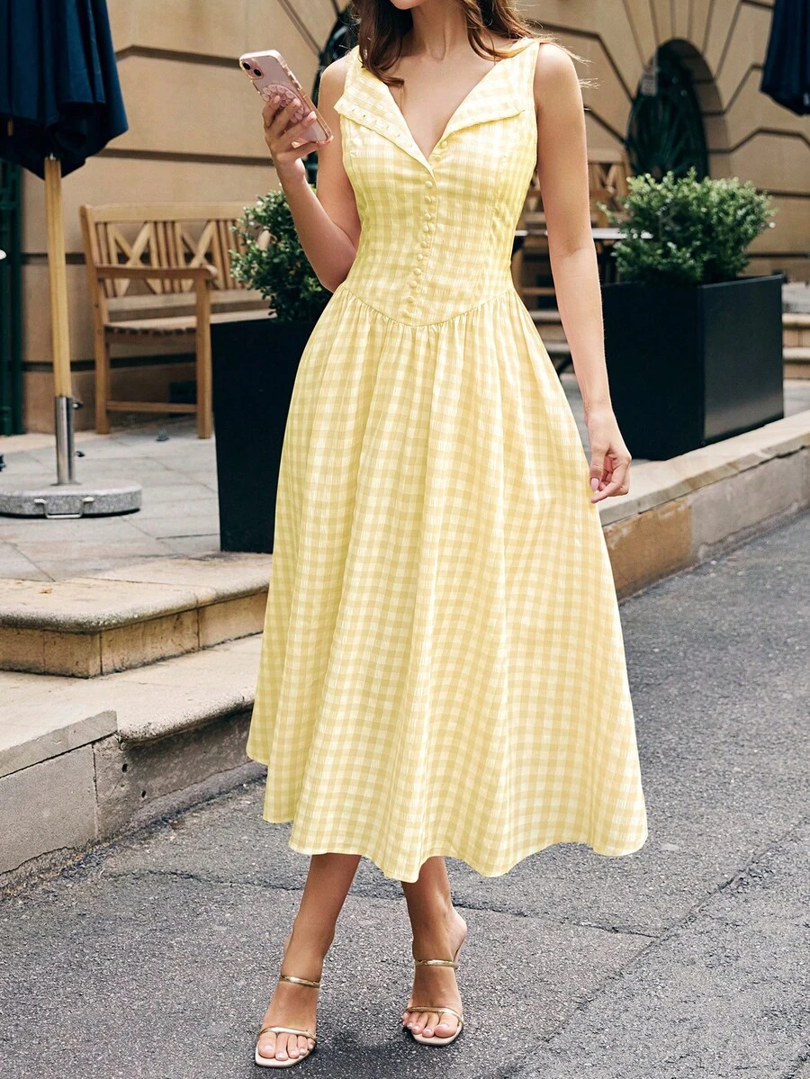 oulis french plaid dress yellow elegant
