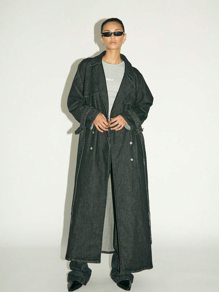 extra long double breasted black denim trench coat