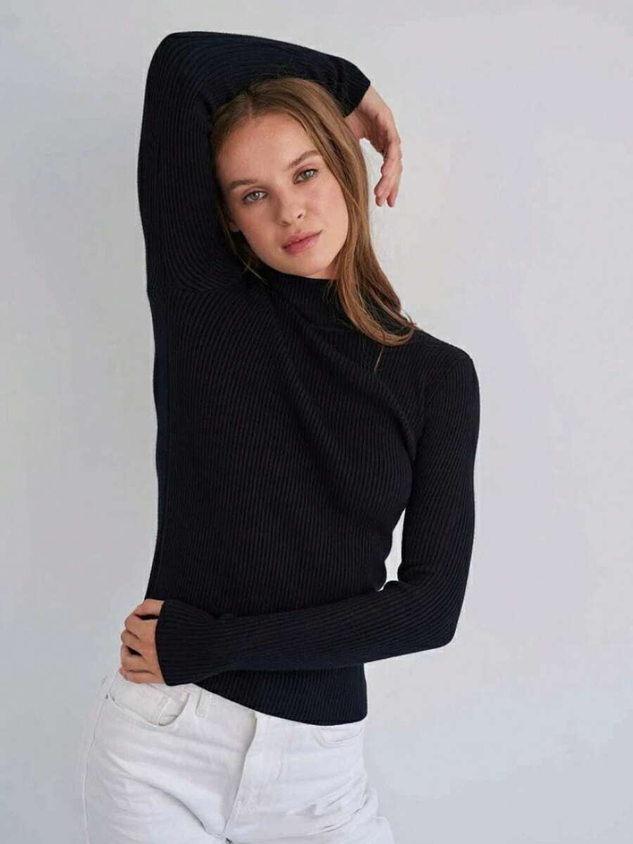 solid color ribbed half-turtleneck slim fit knit sweater
