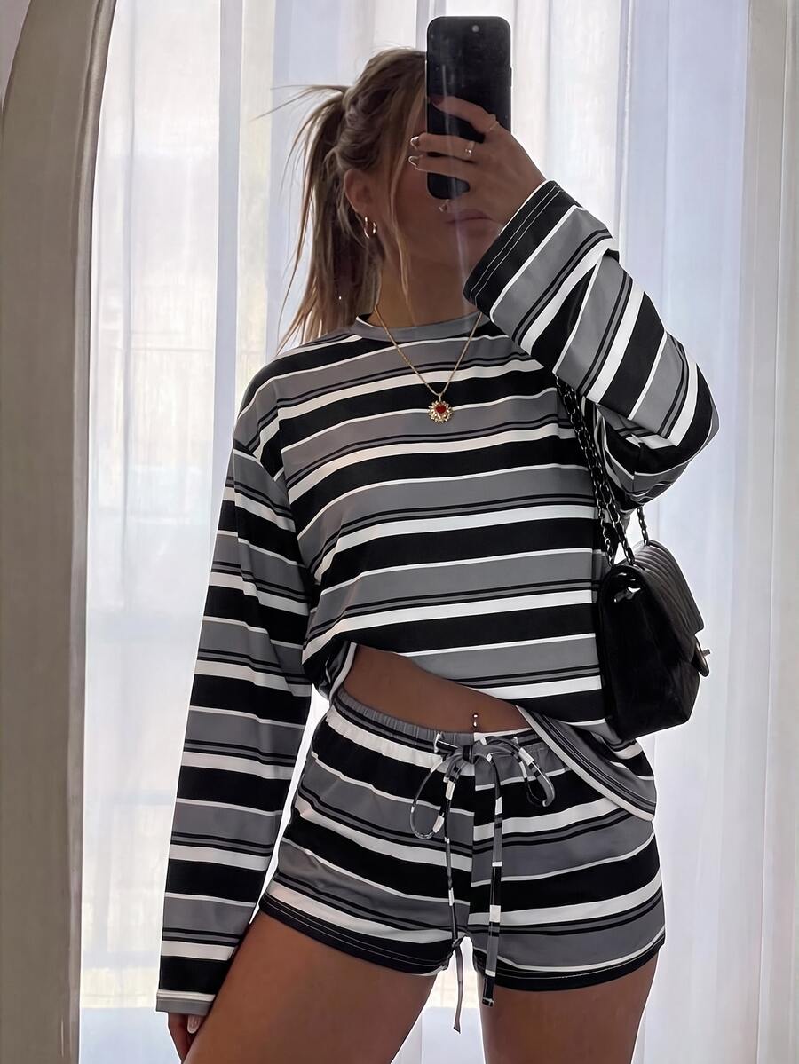striped long sleeve top and shorts set