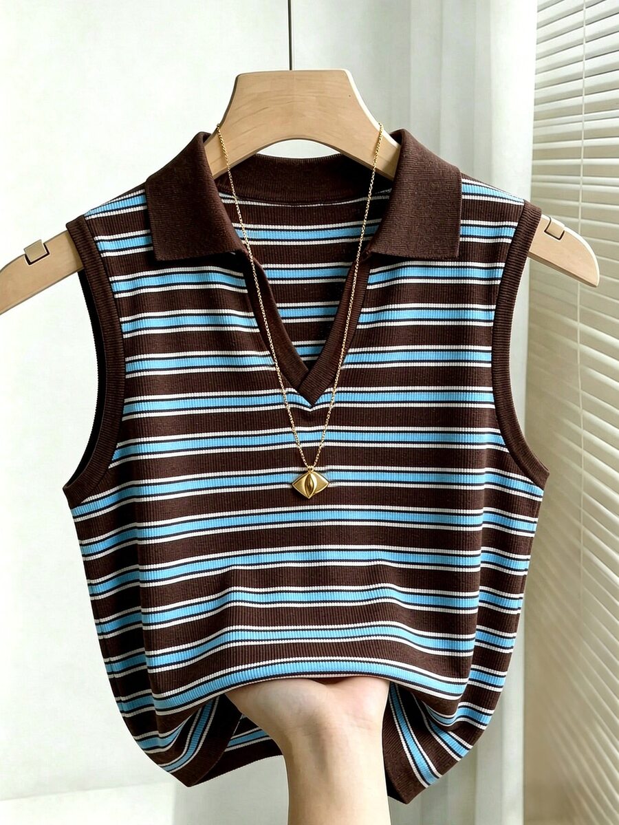 brown and blue striped collared knit vest