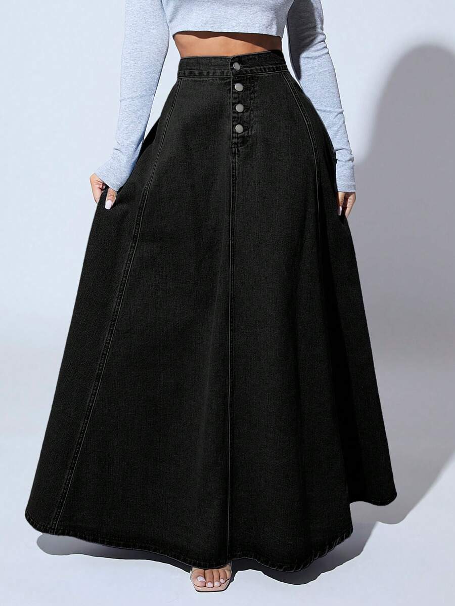 black denim button-front maxi skirt