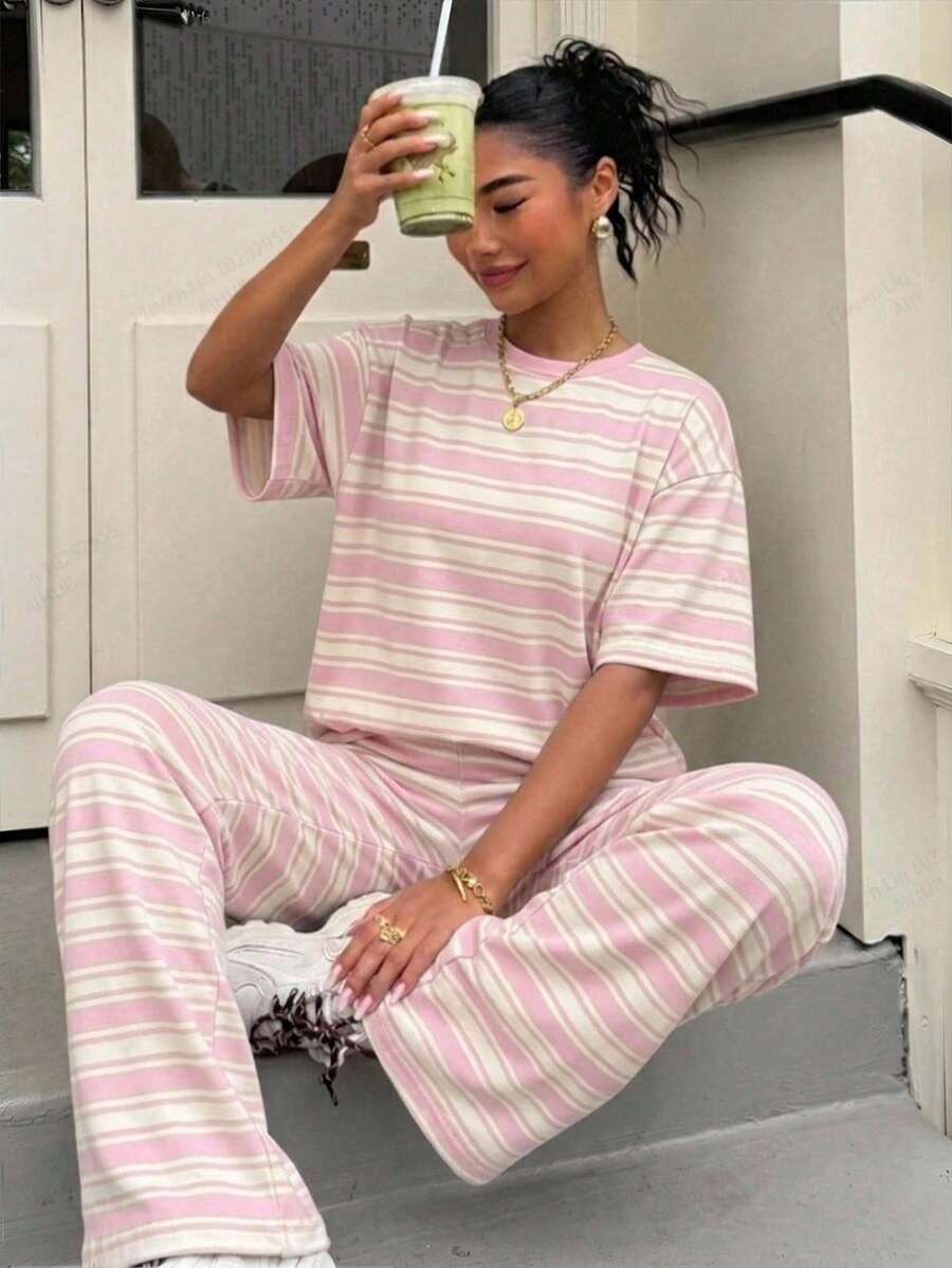 pink and white striped cotton lounge set