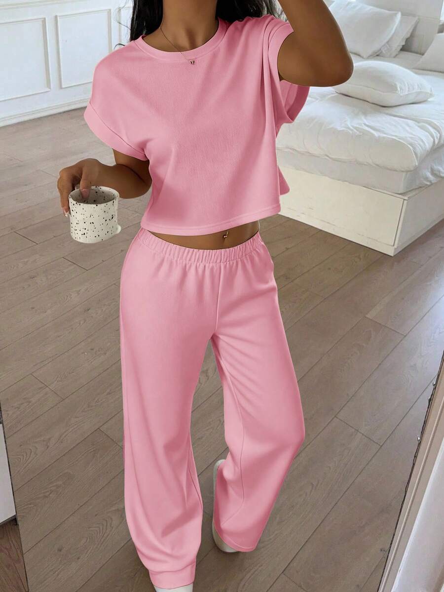 soft pink knit short sleeve loungewear set