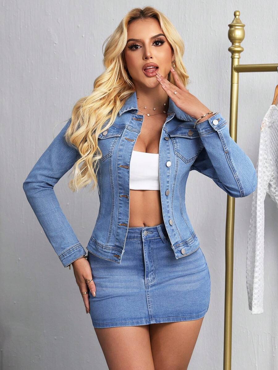 denim blue fitted light wash denim trucker jacket