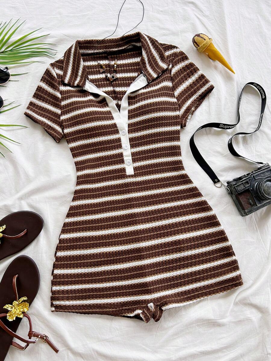 brown and white striped ribbed knit romper