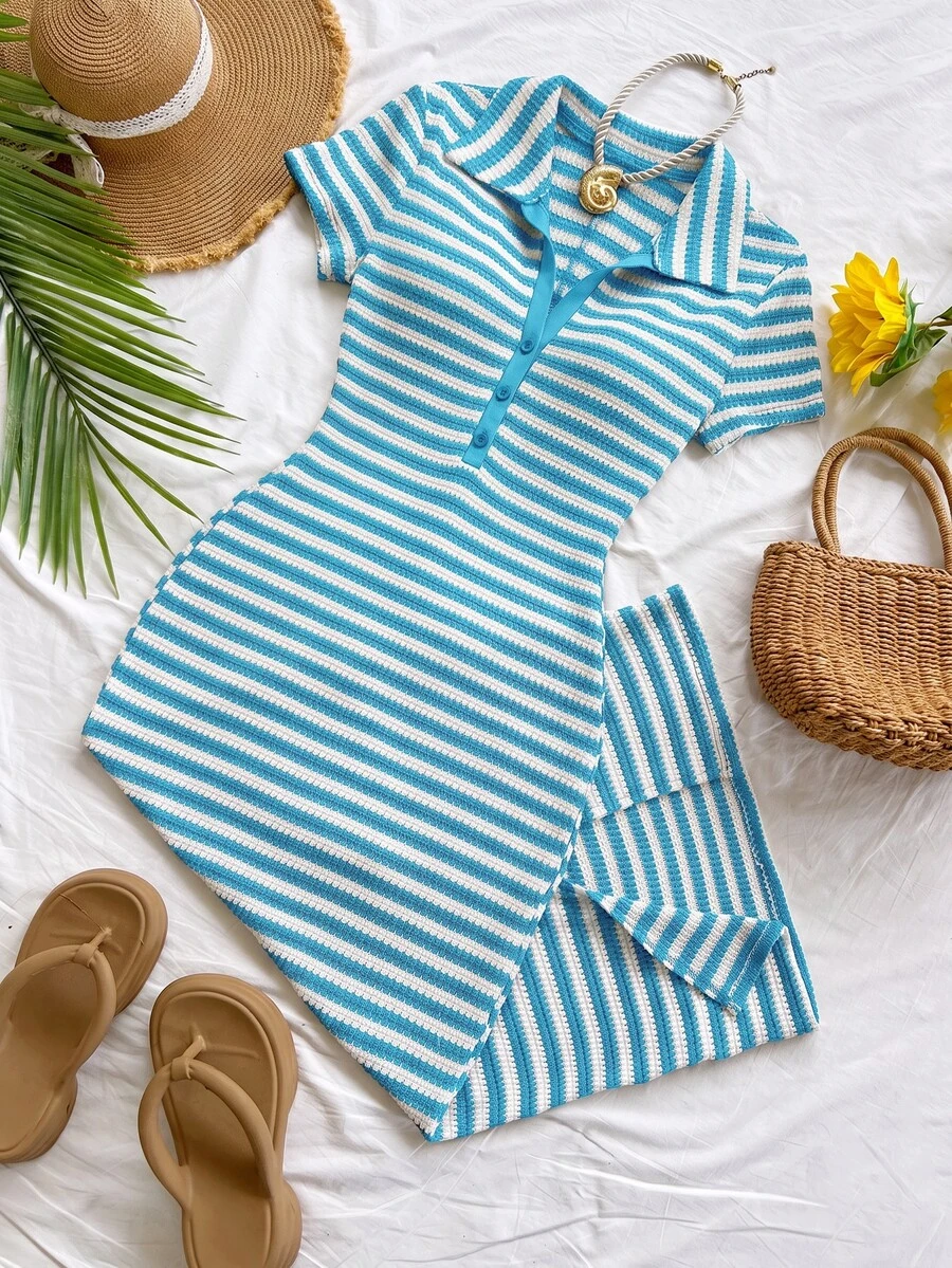 blue and white striped knit polo midi dress