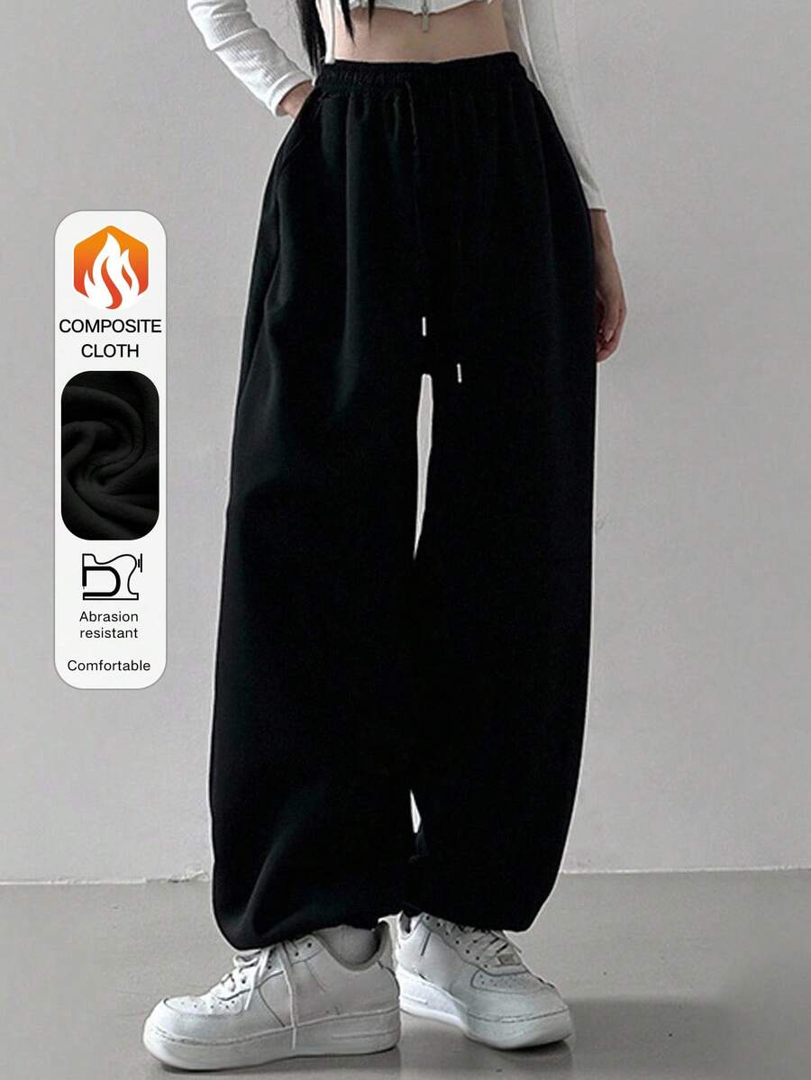 solid black loose fit drawstring casual sweatpants