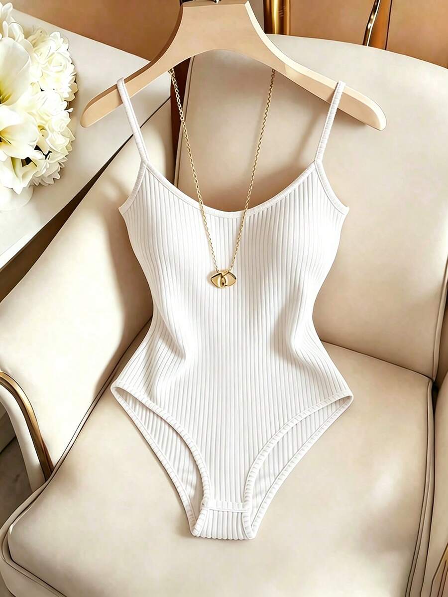 white ribbed casual sleeveless bodysuit