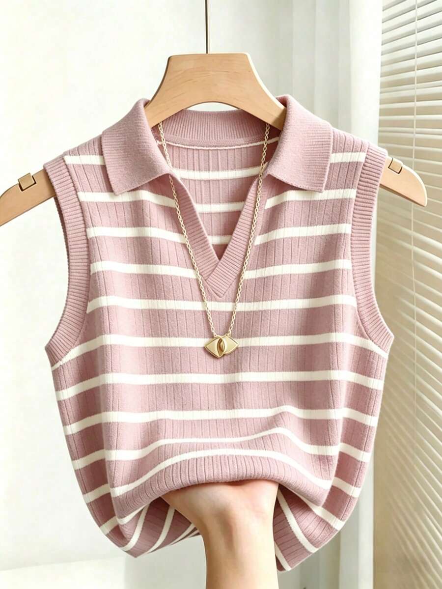 pink and white striped knitted collared vest