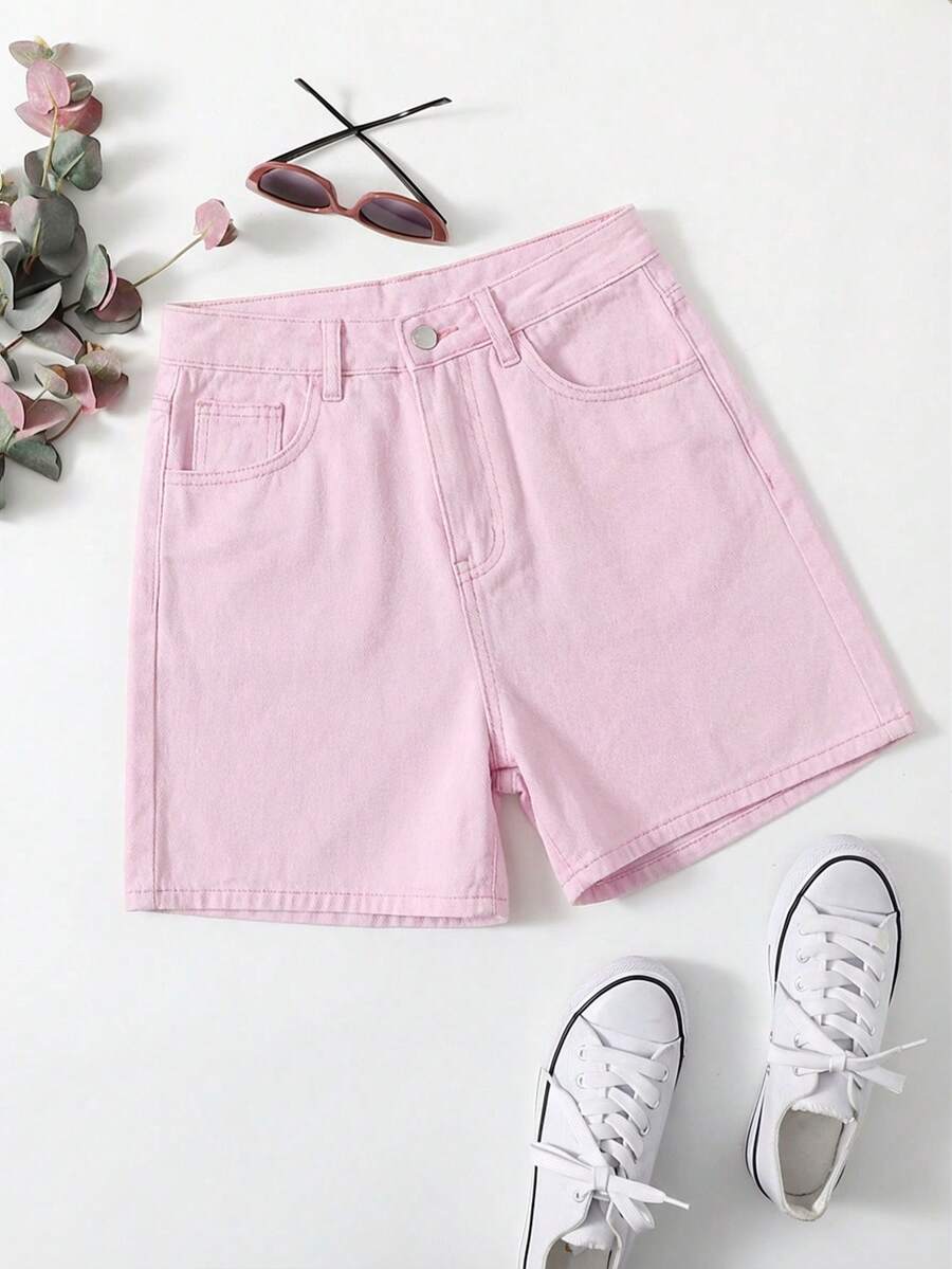 solid pink high-waisted denim shorts
