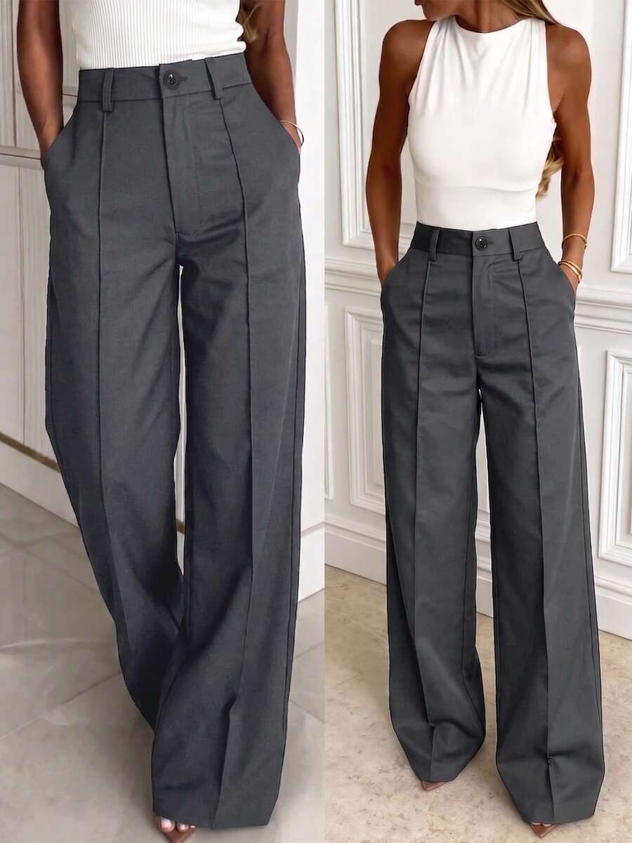 solid charcoal grey straight leg suit trousers