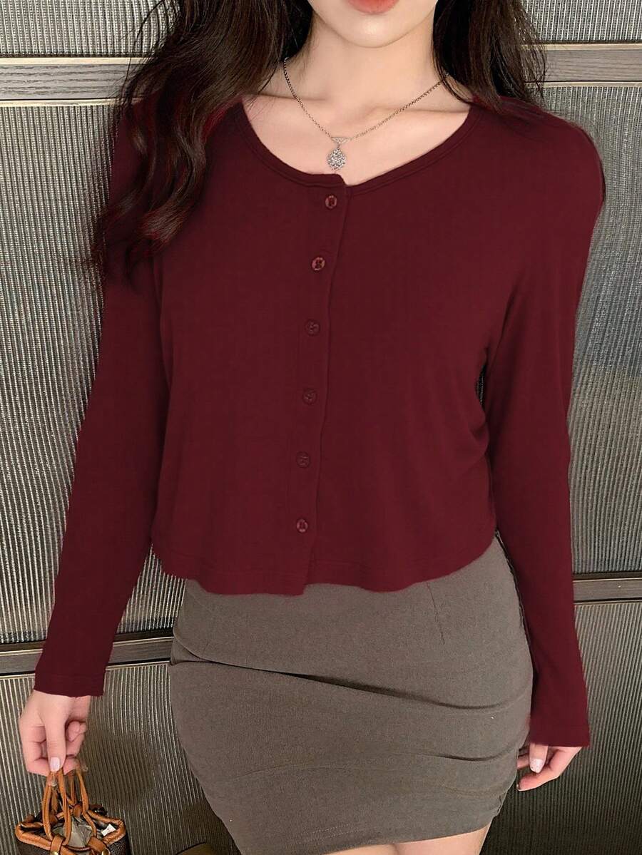 burgundy round neck button-front long sleeve top
