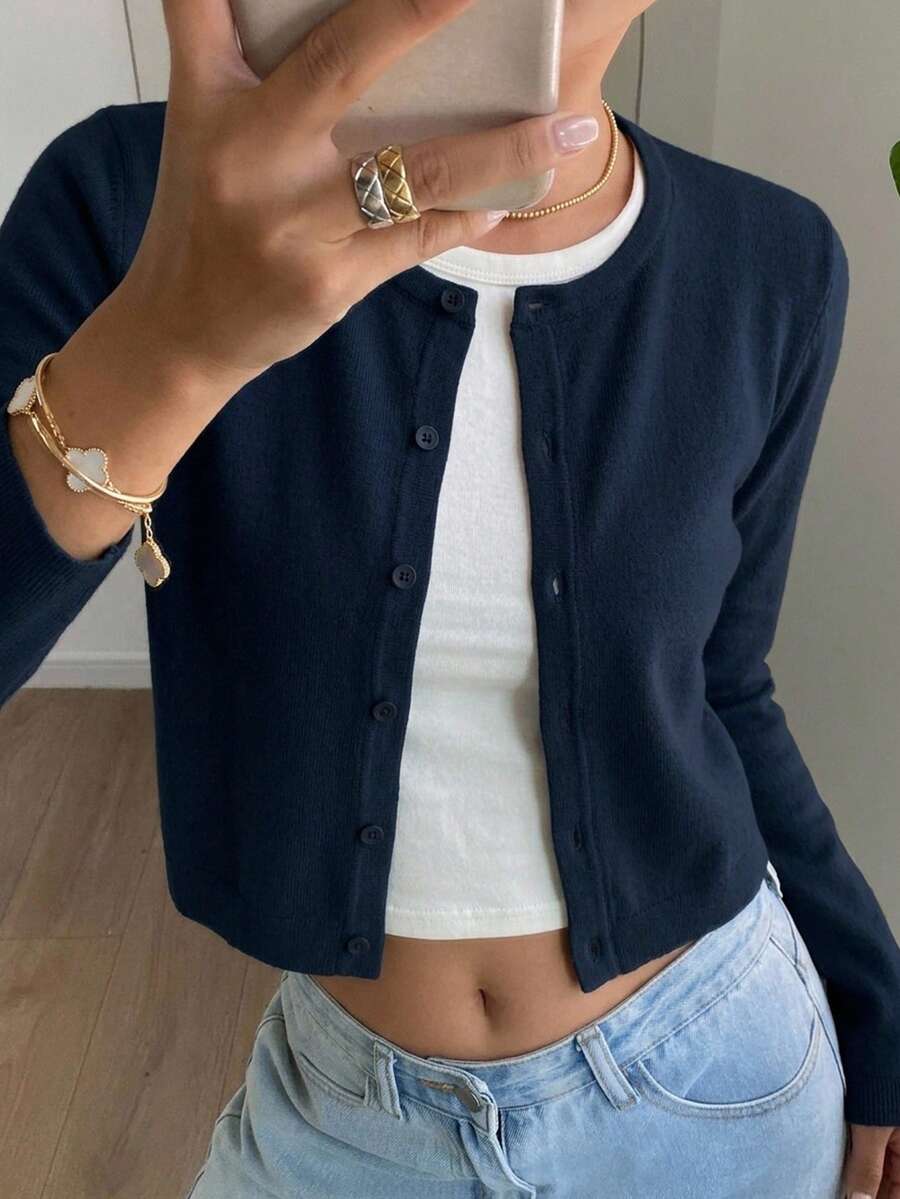 navy blue round neck long sleeve knit cardigan