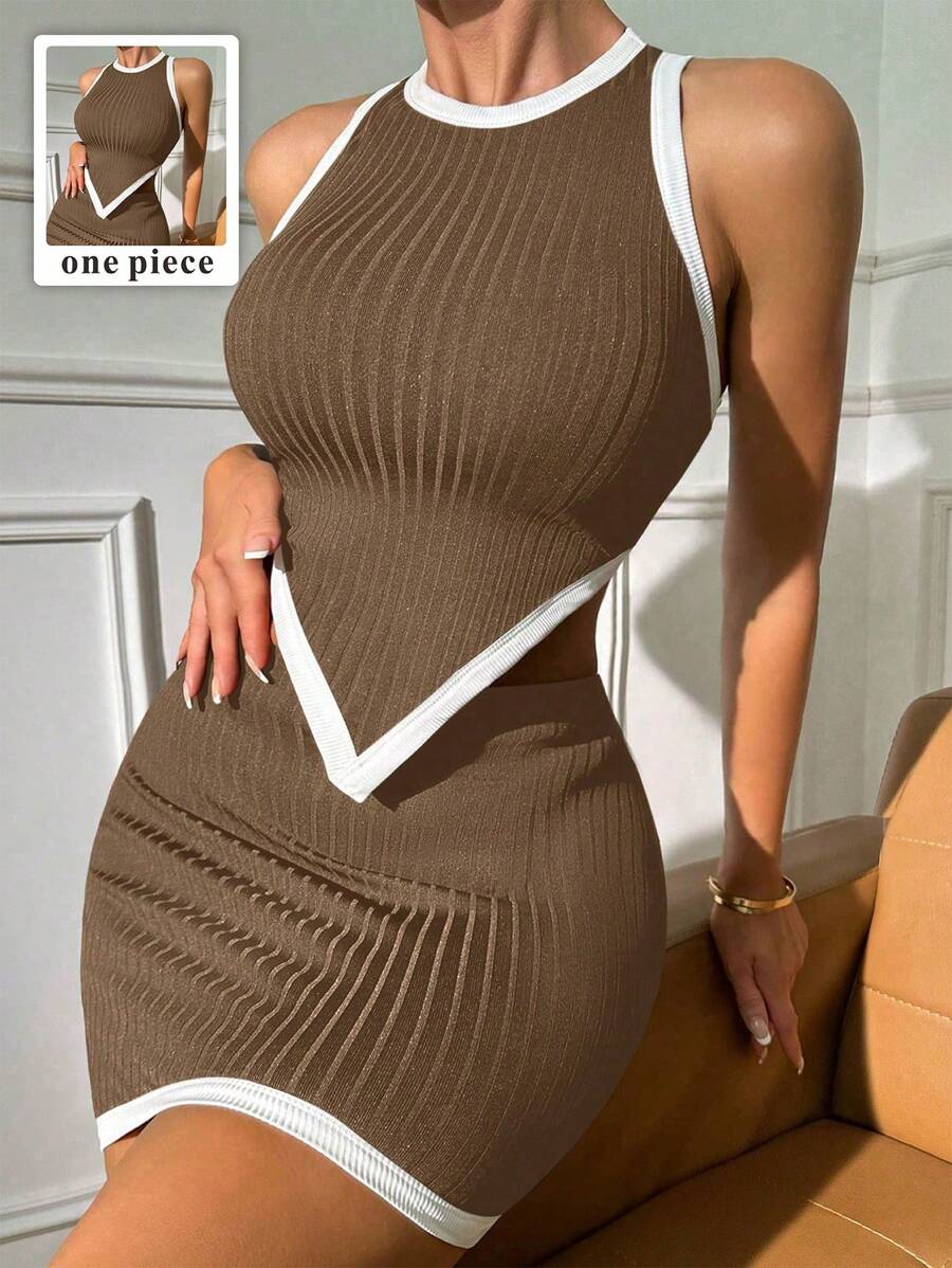 brown contrast binding ribbed asymmetrical hem tank top
