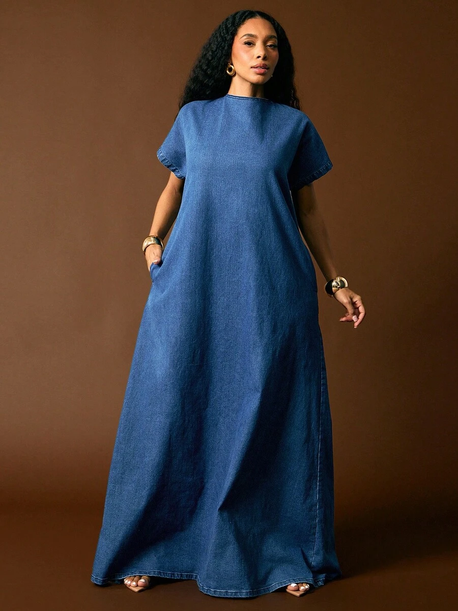 relaxed fit blue denim maxi dress