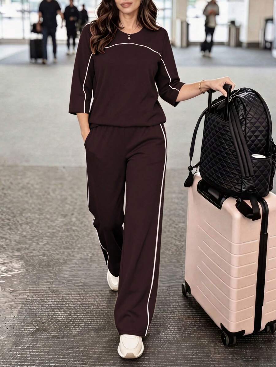 brown contrast striped casual lounge set